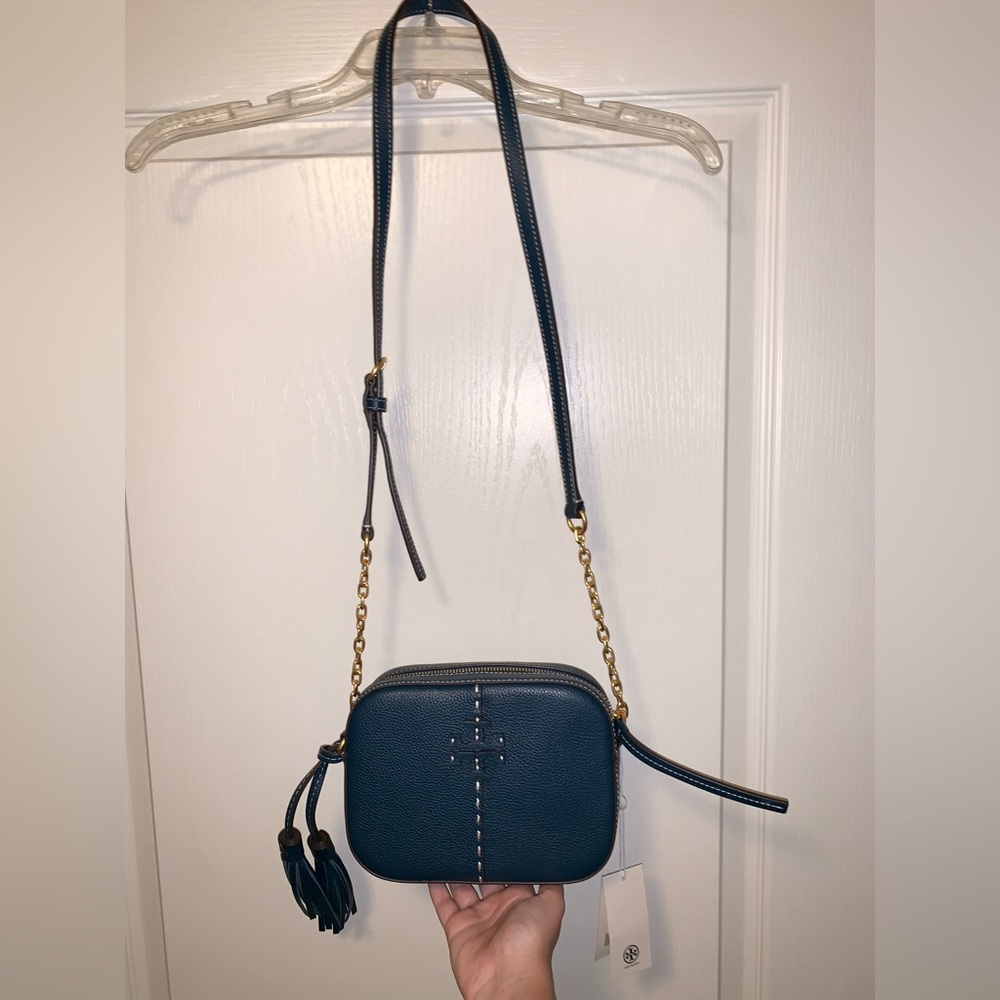 Tory Burch crossbody bag, UNUSED with tags, teal leather/gold hardware w/ tassel - Picture 5 of 8
